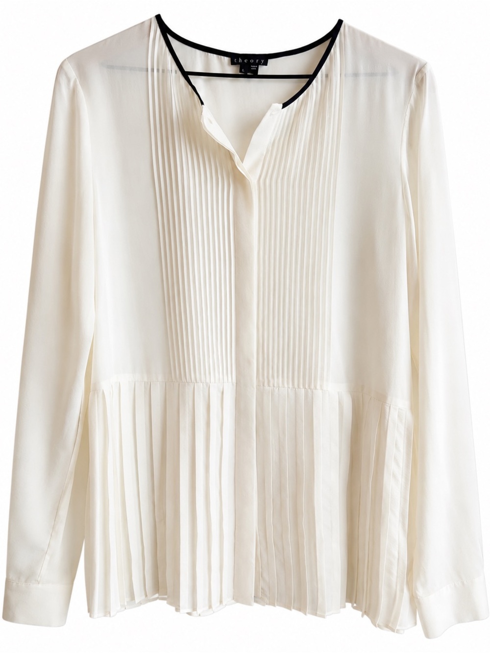 Theory 93% Silk Pleated Blouse Cream Long Sleeve Size L